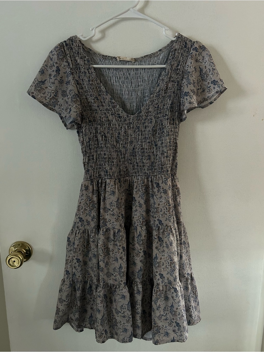 Altar'd State Taupe Midi Dress with Blue Floral Print